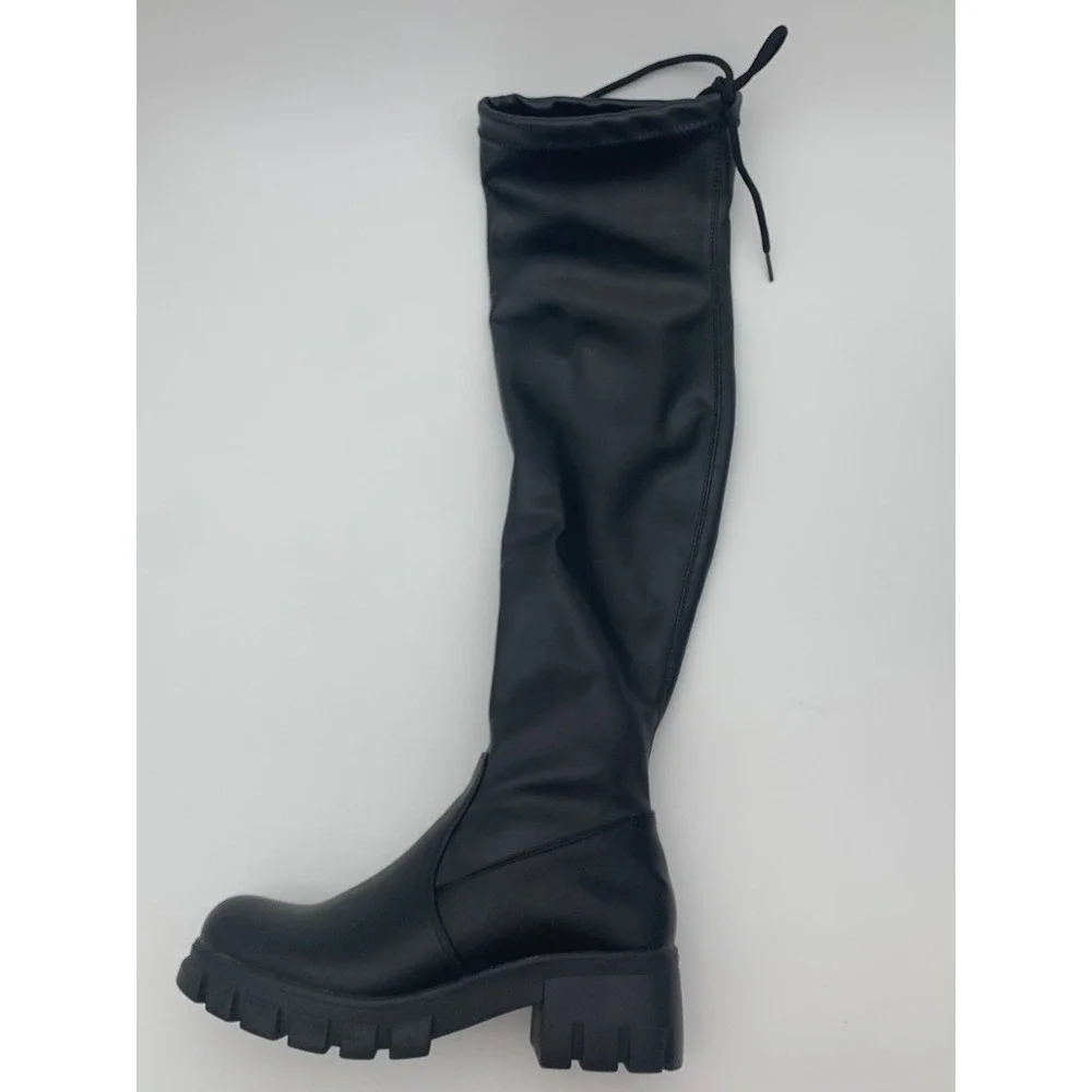 Womens Black Over The Knee Lug Sole Platform Boots Chunky Heel Size 7‎ Tie Top